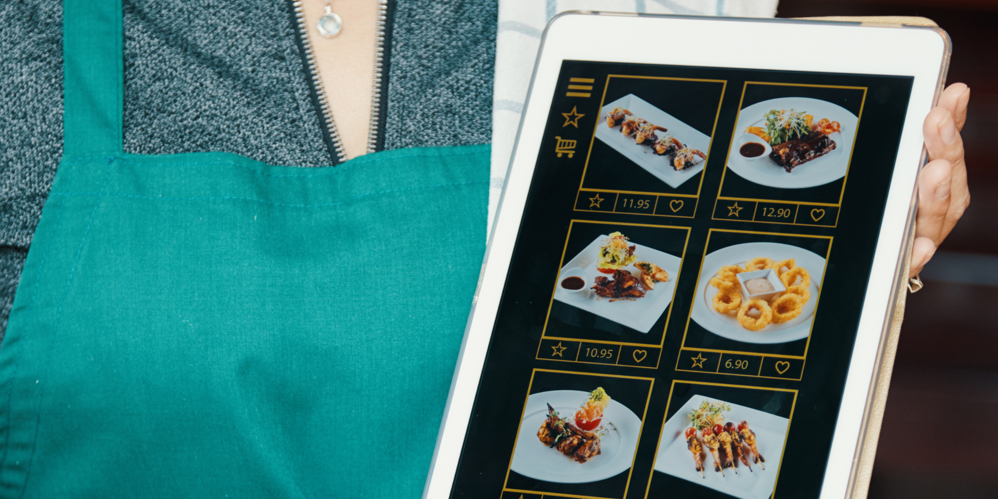 woman holding menu in tablet 
